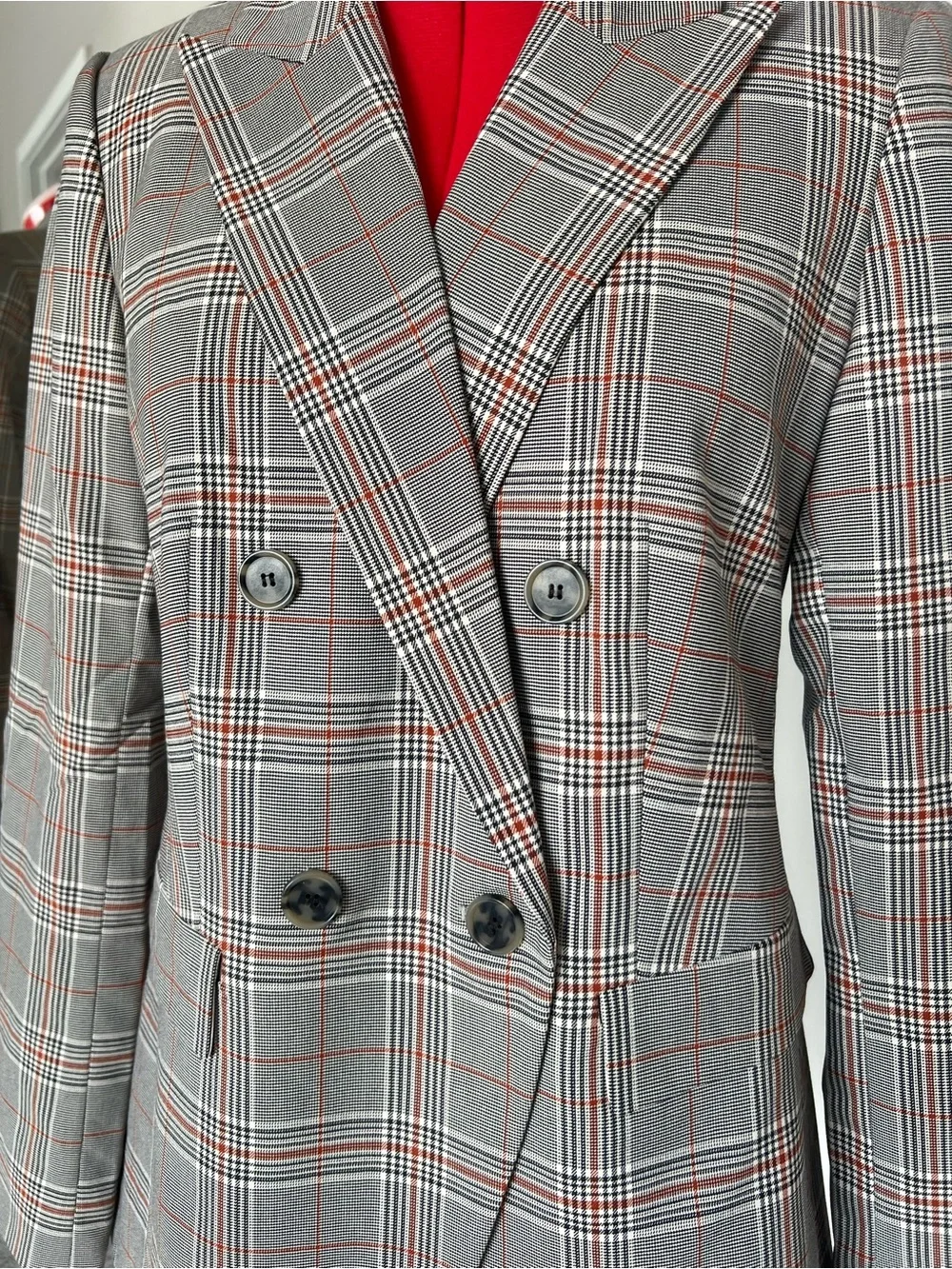 J. Crew Double-Breasted Plaid Blazer in Grey with Red Accents